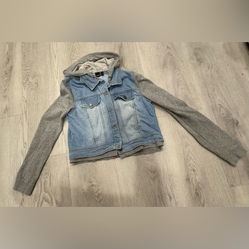 Girls Denim Hoodie Hybrid Jacket - Cloth Sleeves with subtle silver sparkles XL